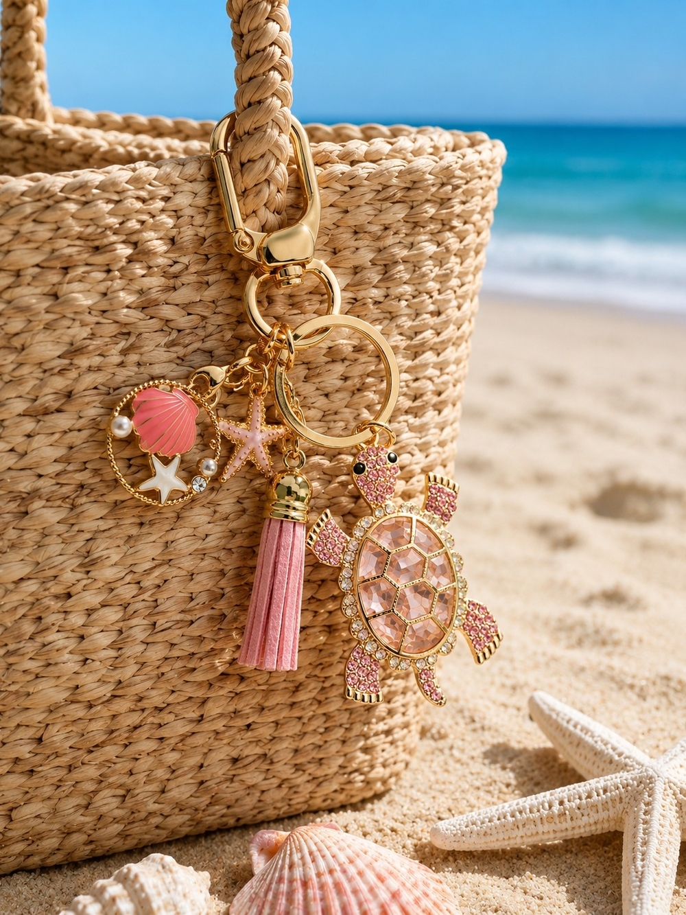 Pink Turtle Purse Charms & Key Ring with Tassel